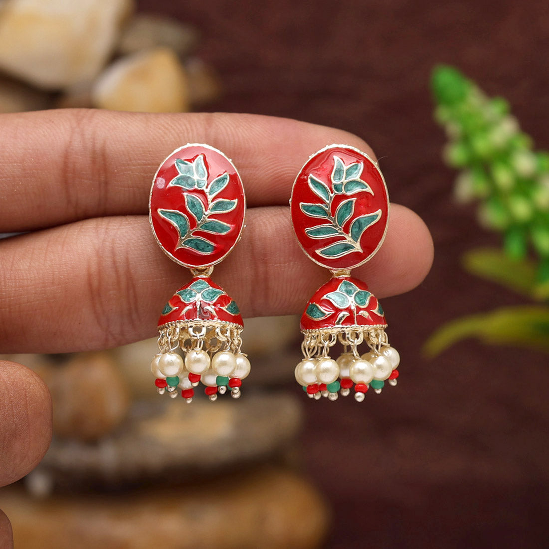 Maroon & Green Color Meenakari Jhumka (MKE1852MG)