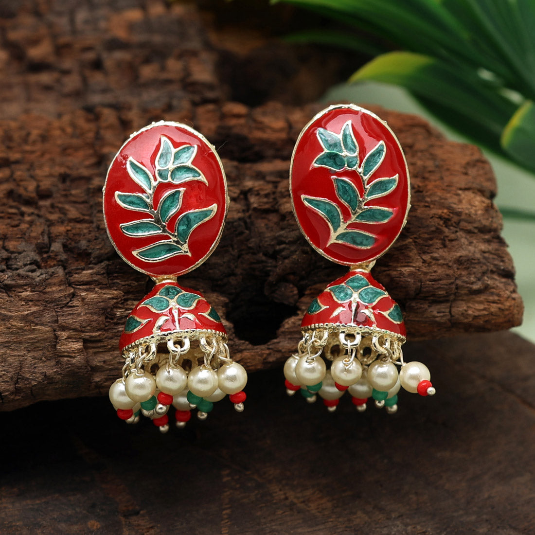 Maroon & Green Color Meenakari Jhumka (MKE1852MG)