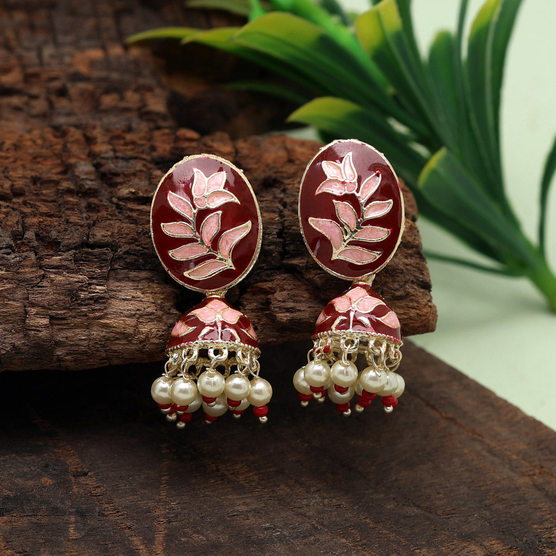 Maroon Color Meenakari Jhumka (MKE1852MRN)