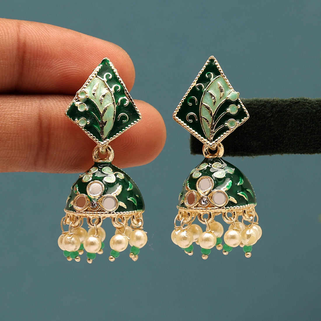 Green Color Meenakari Jhumka (MKE1853GRN)