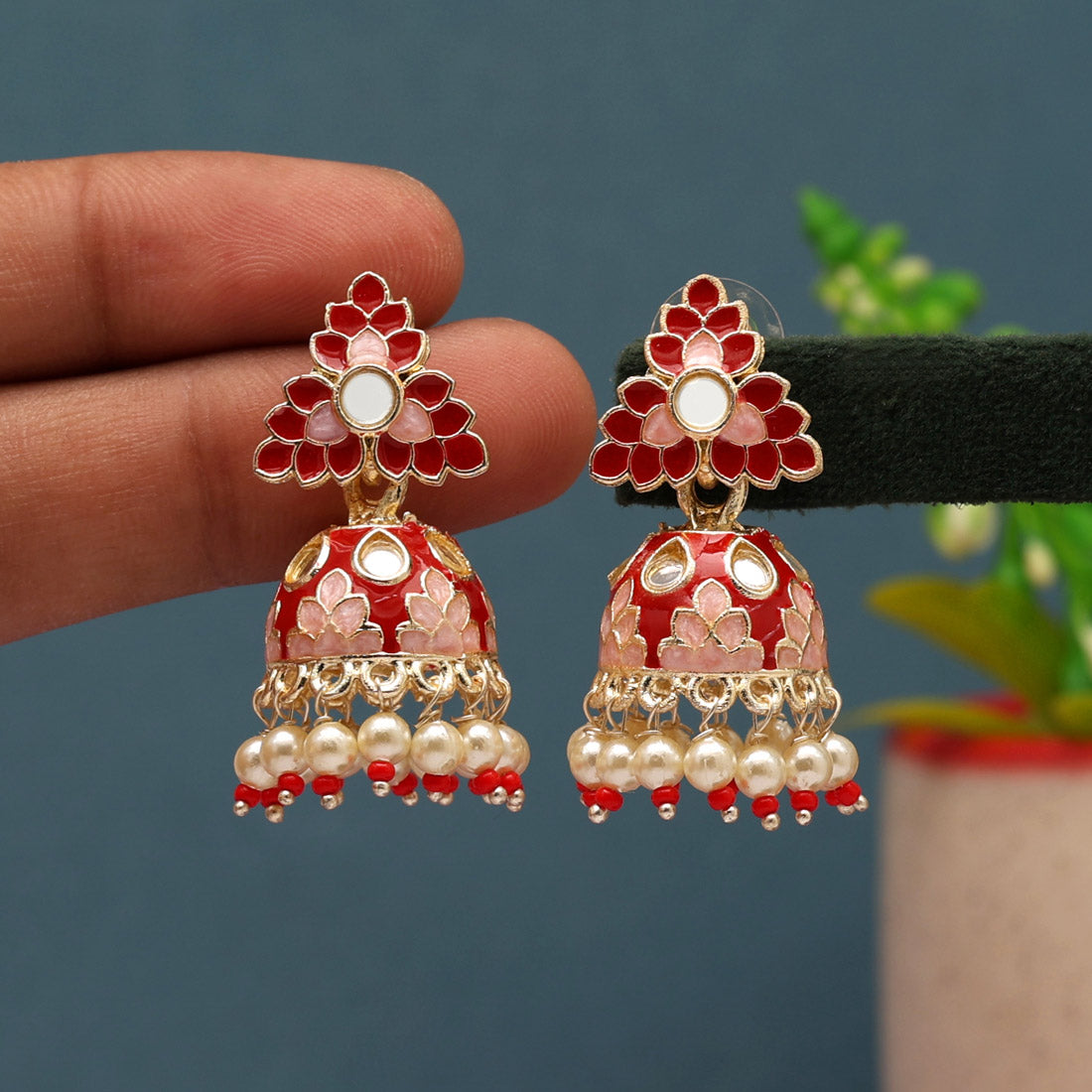 Red Color Meenakari Jhumka (MKE1857RED)