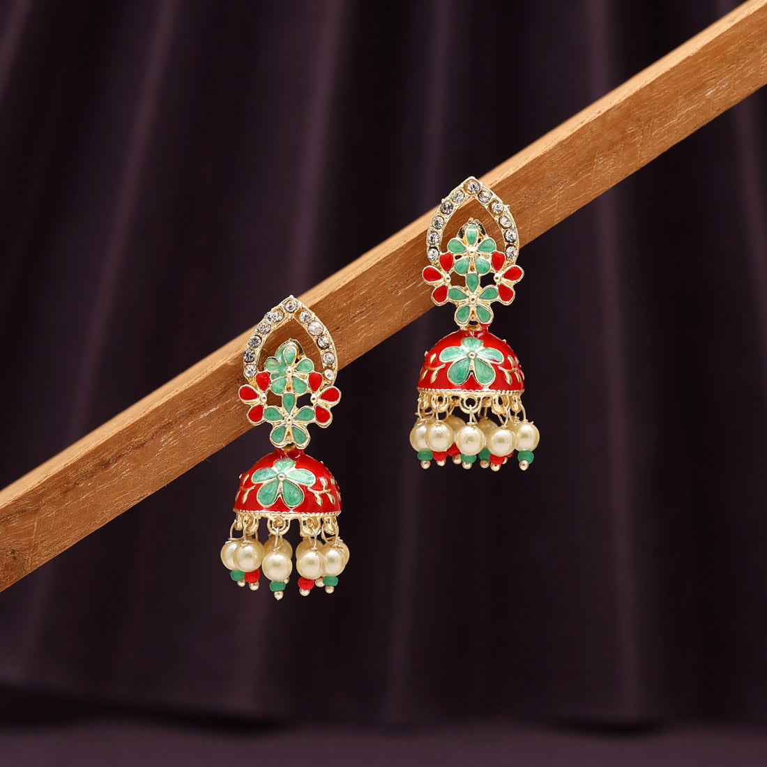 Maroon & Green Color Meenakari Jhumka (MKE1858MG)