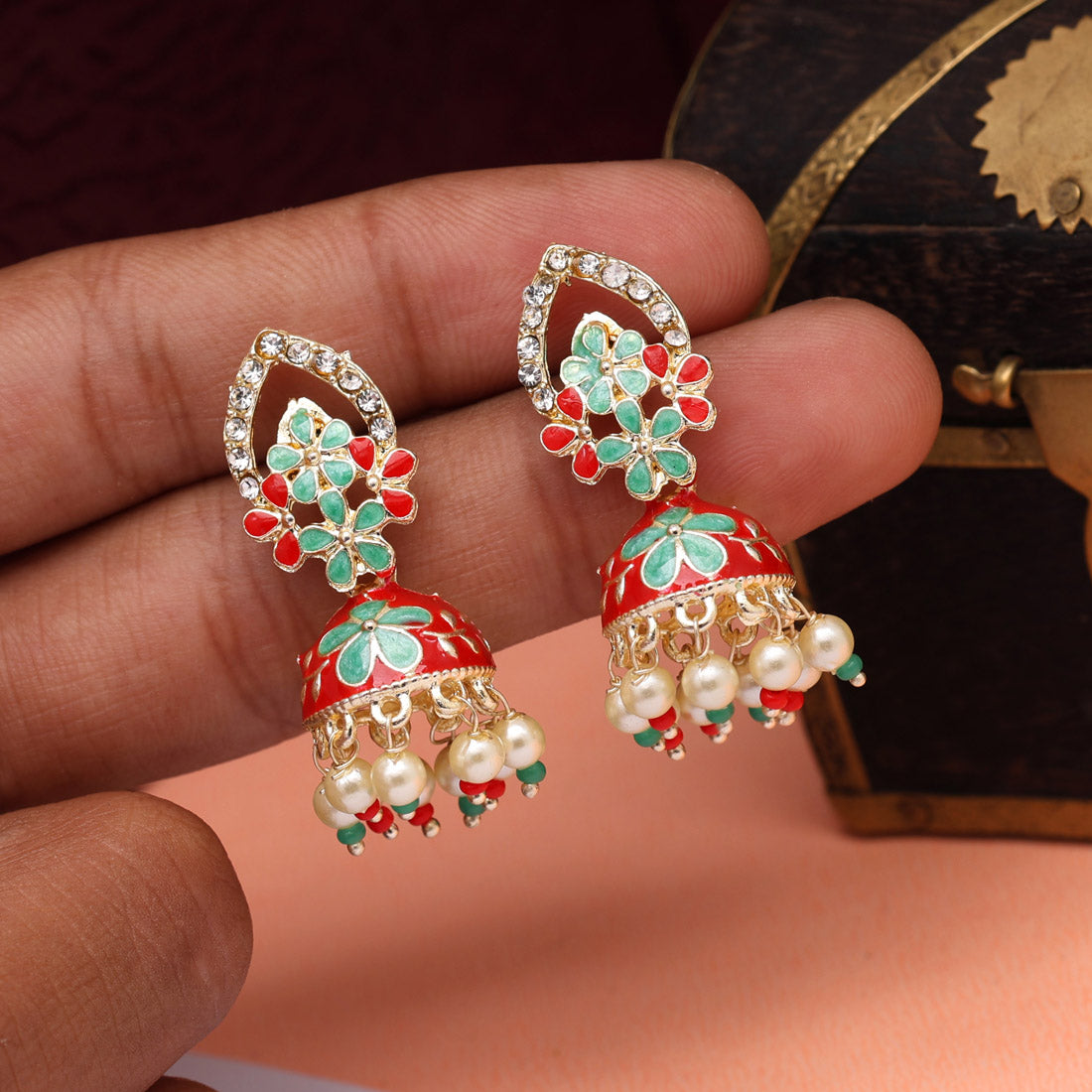 Maroon & Green Color Meenakari Jhumka (MKE1858MG)