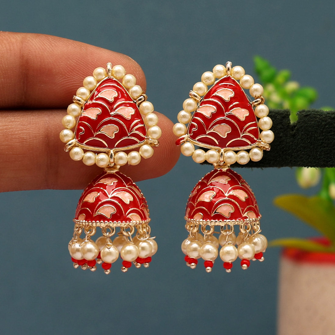 Red Color Meenakari Jhumka (MKE1859RED)