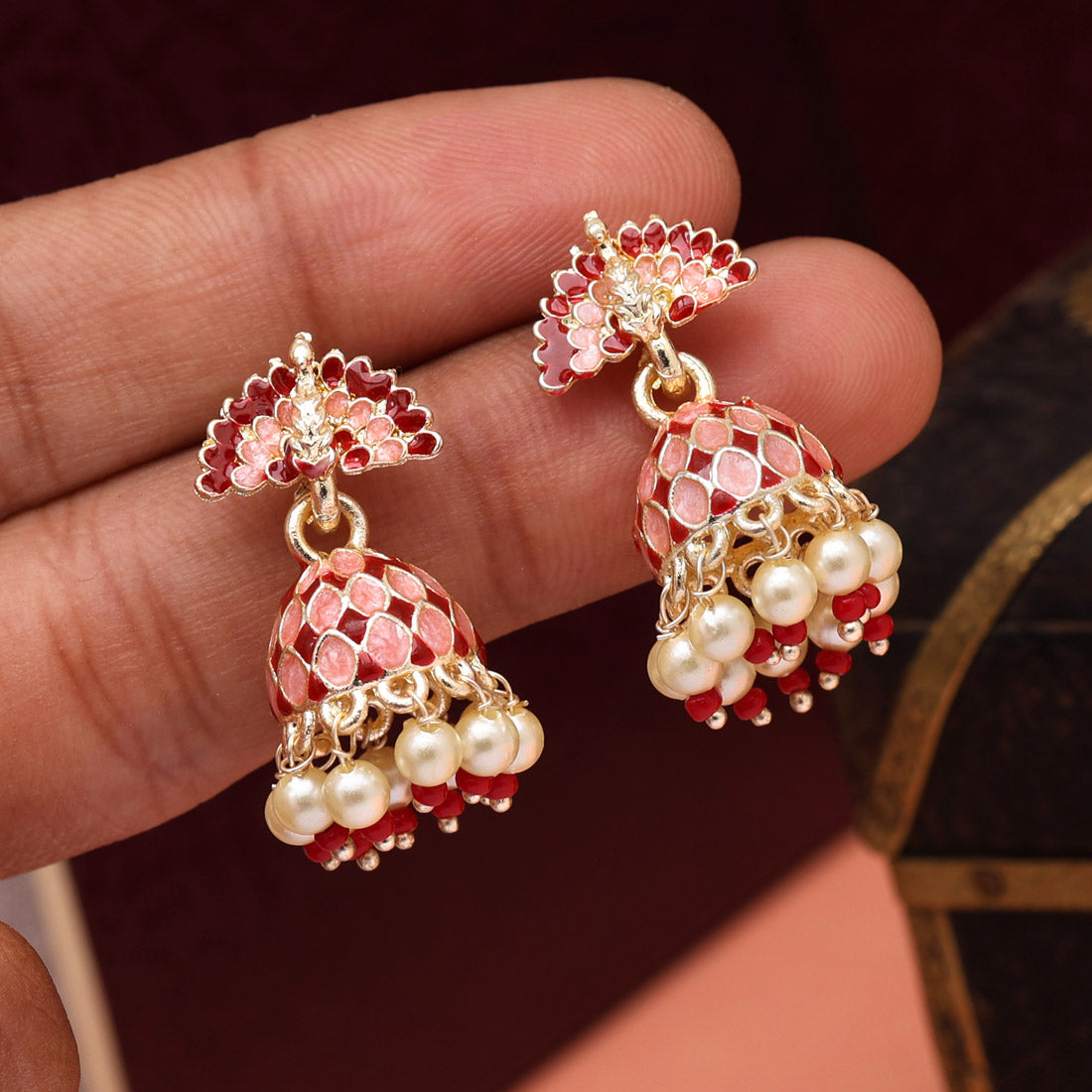 Maroon Color Meenakari Jhumka (MKE1860MRN)