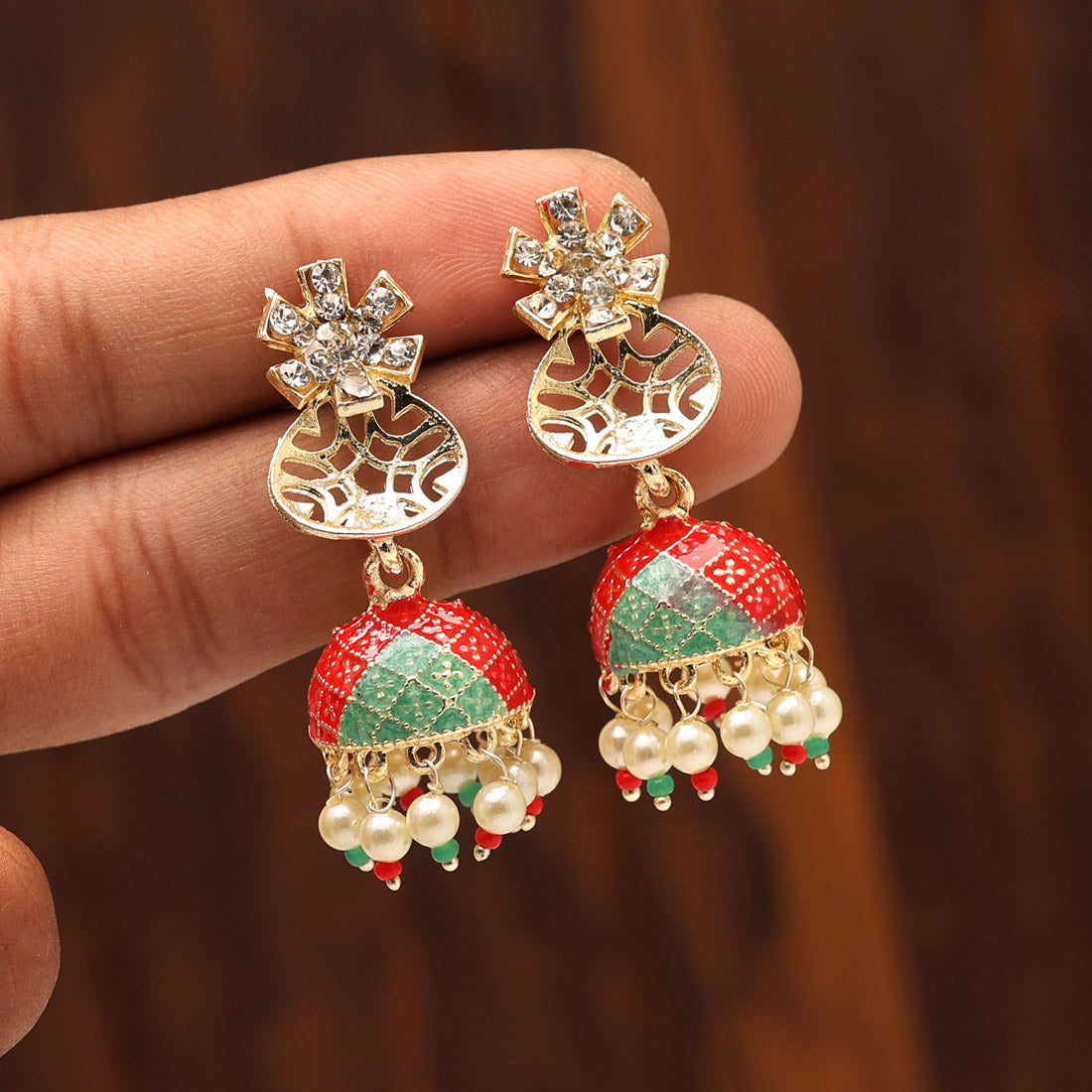 Red & Green Color Meenakari Jhumka (MKE1862MG)