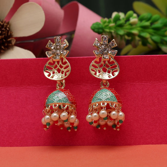 Red & Green Color Meenakari Jhumka (MKE1862MG)