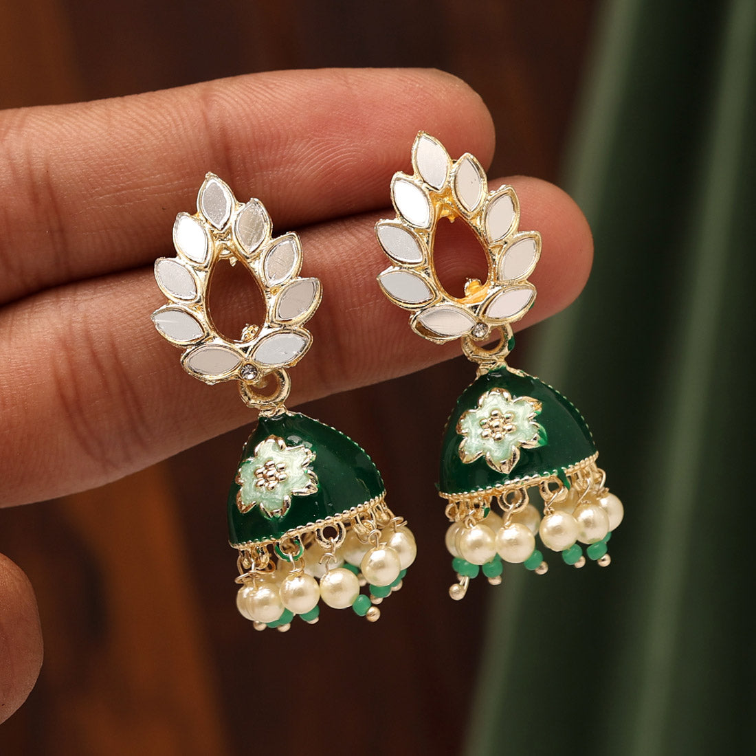 Green Color Meenakari Jhumka (MKE1864GRN)