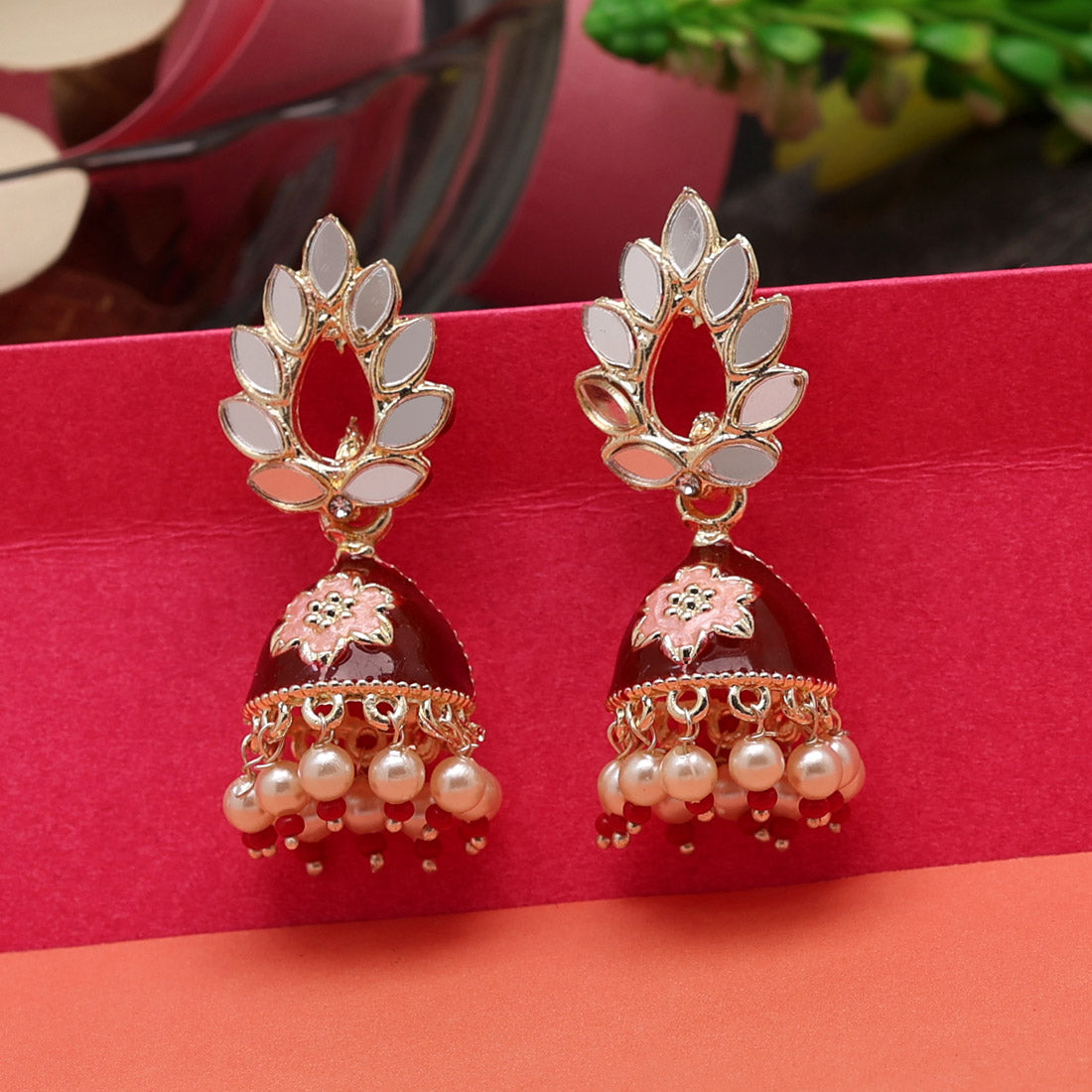 Maroon Color Meenakari Jhumka (MKE1864MRN)