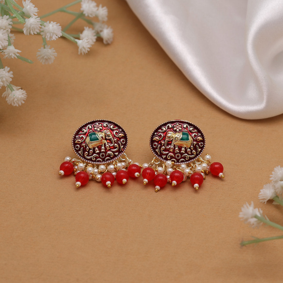 Maroon Color Meenakari Earrings (MKE1882MRN)