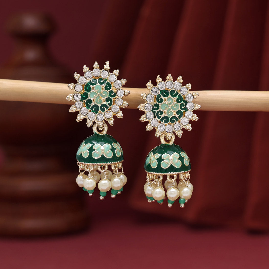 Green Color Meenakari Jhumka (MKE1884GRN)