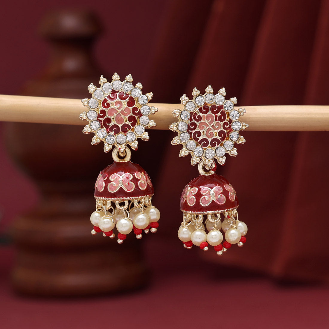 Maroon Color Meenakari Jhumka (MKE1884MRN)