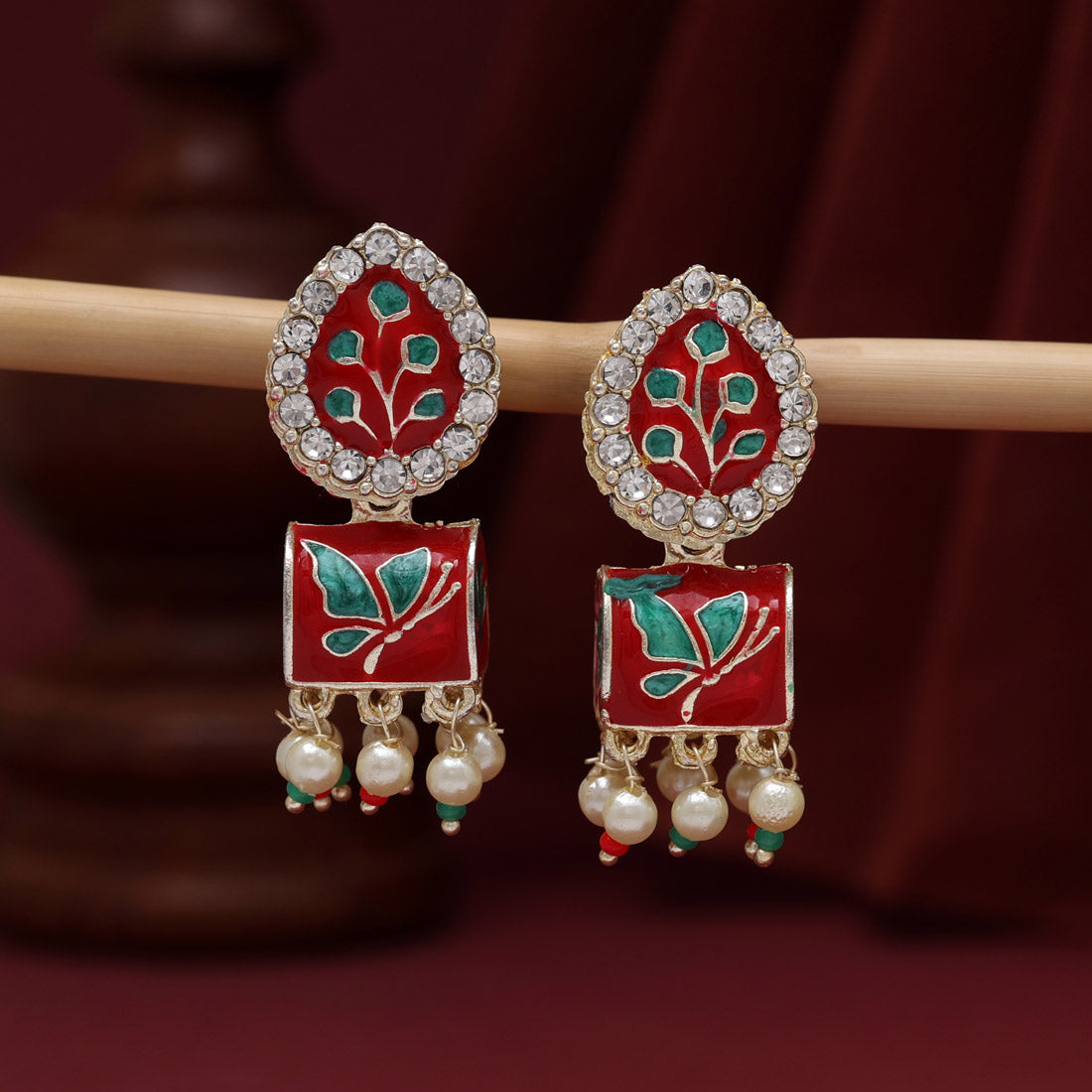 Maroon & Green Color Meenakari Jhumka (MKE1888MG)