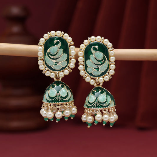 Green Color Meenakari Jhumka (MKE1892GRN)