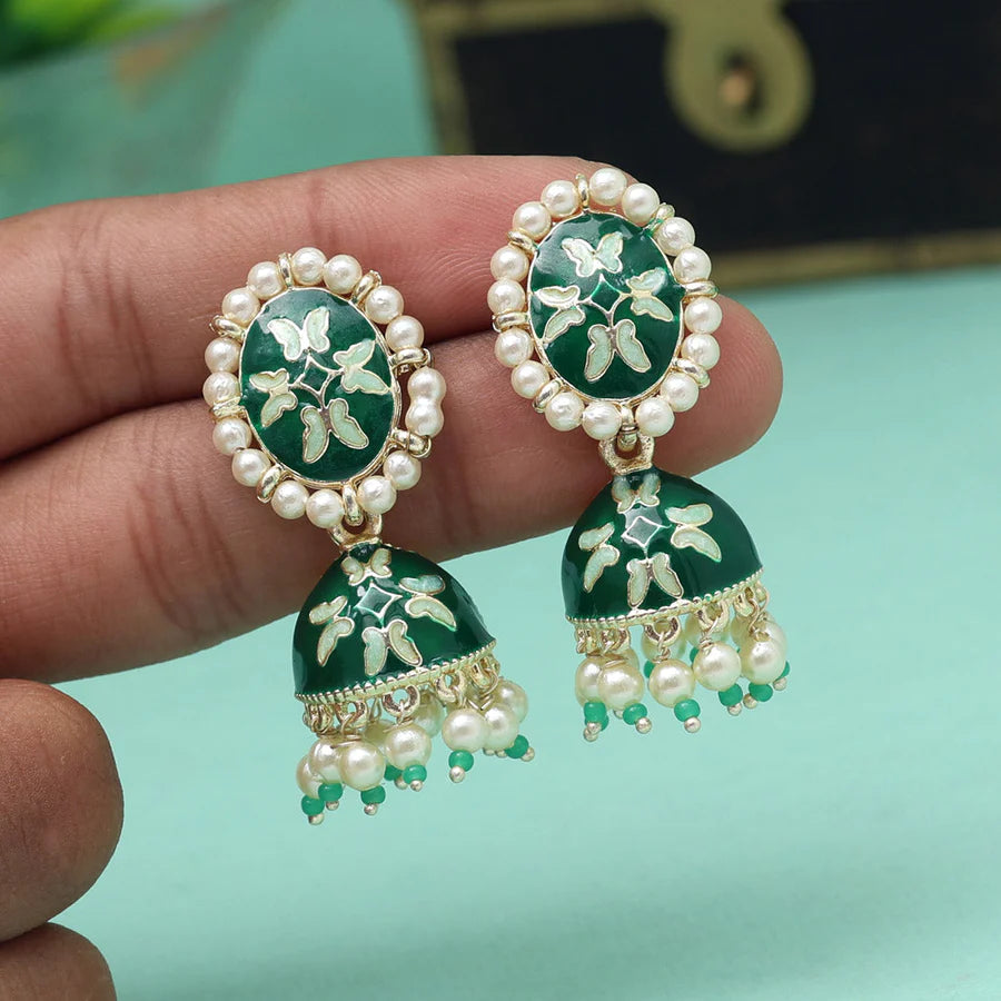 Green Color Meenakari Jhumka (MKE1893GRN)