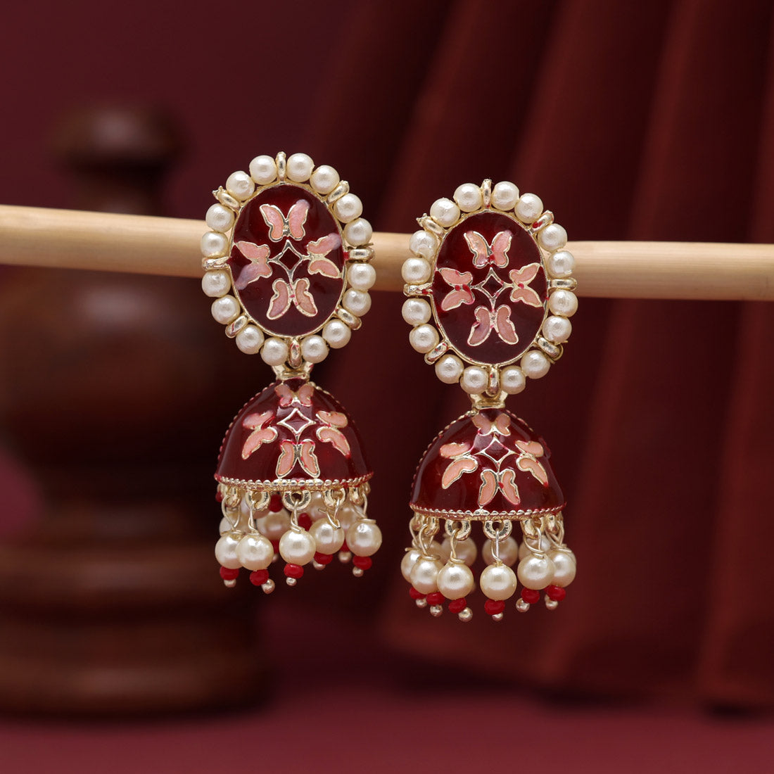 Maroon Color Meenakari Jhumka (MKE1893MRN)