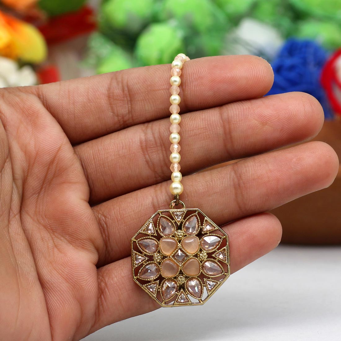 Peach Color Antique American Diamond Maang Tikka (MTK476PCH)