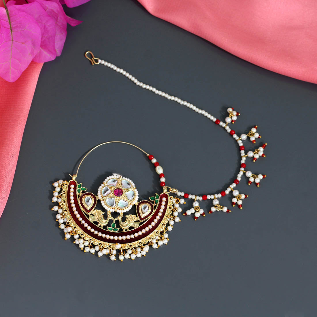 Maroon Color Kundan & Beads Nose Nath (NTH304MRN)