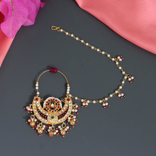 Maroon Color Kundan & Beads Meenakari Nose Nath (NTH313MRN)