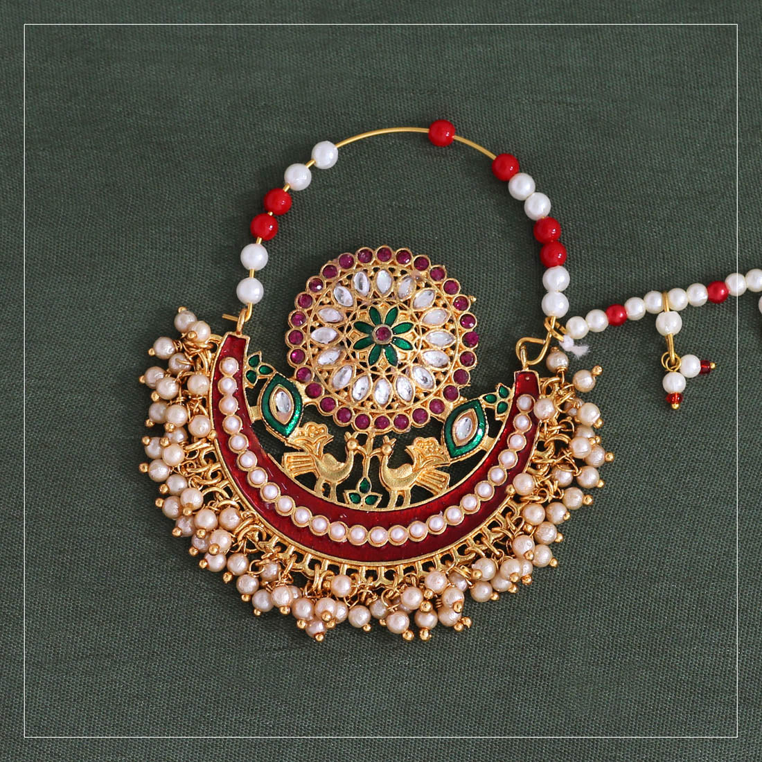 Maroon & Green Color Kundan & Beads Meenakari Nose Nath (NTH318MG)