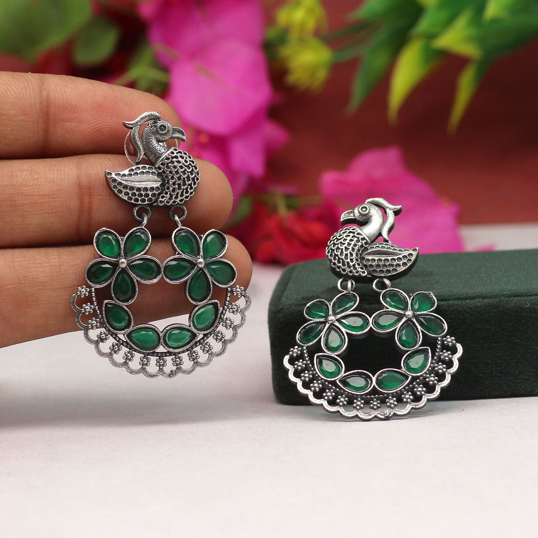 Green Color Premium Oxidised Earrings (PGSE2730GRN)