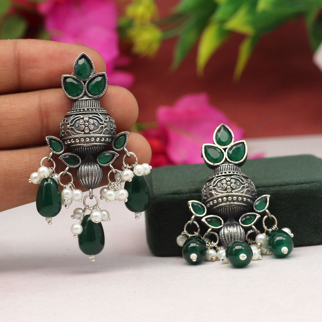 Green Color Premium Oxidised Earrings (PGSE2731GRN)