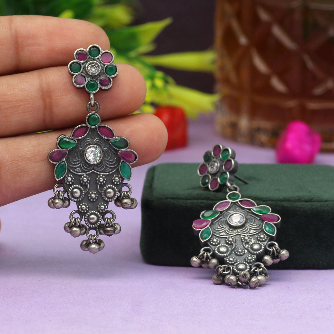 Maroon & Green Color Premium Oxidised Earrings (PGSE2739MG)