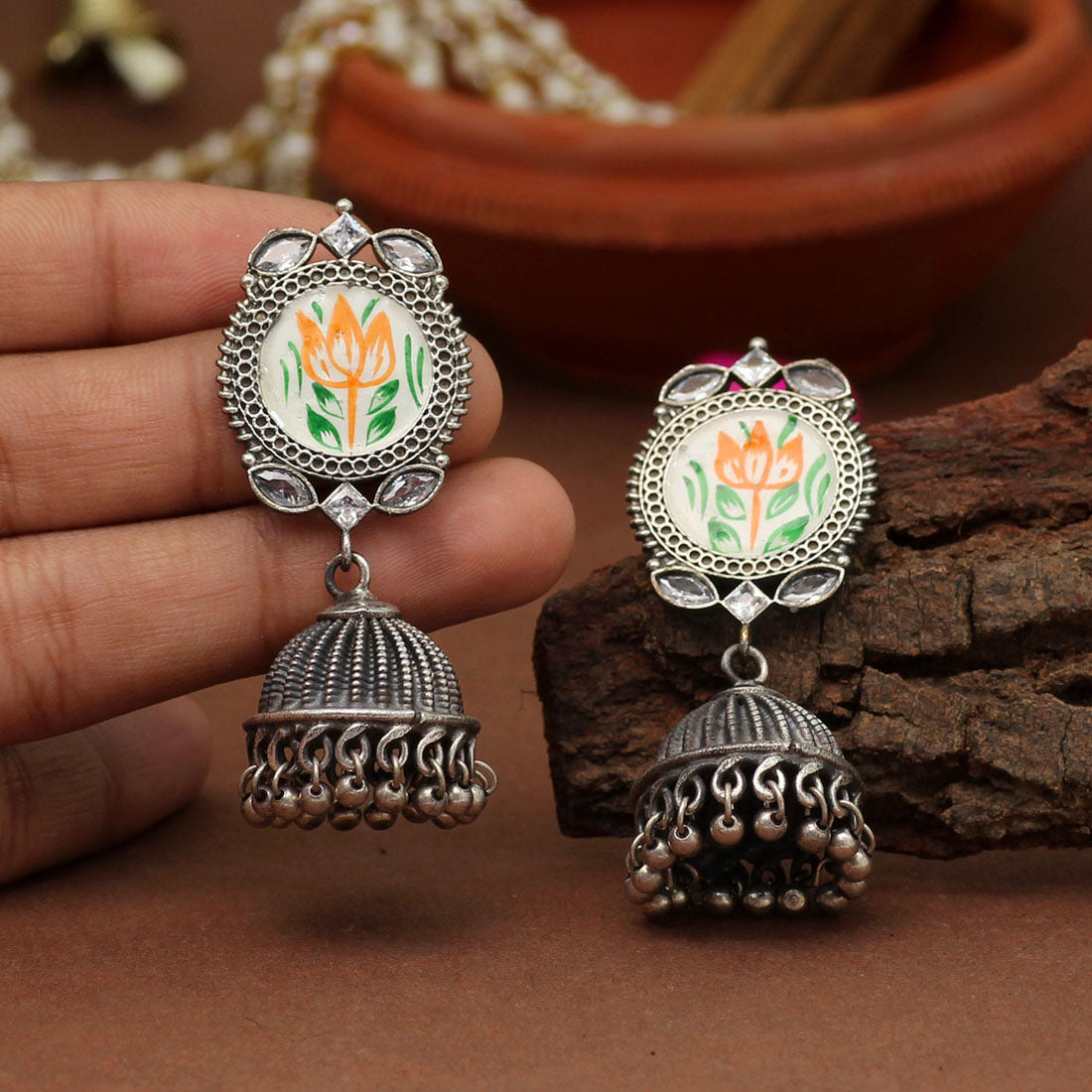 White Color Hand Painted Meena Work Premium Oxidised Earrings (PGSE2755WHT)