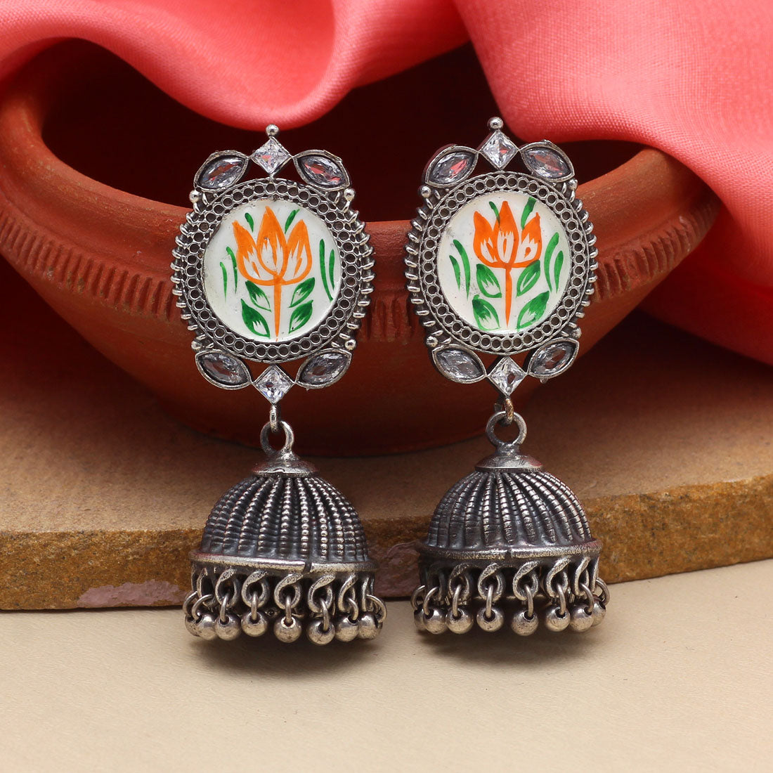 White Color Hand Painted Meena Work Premium Oxidised Earrings (PGSE2755WHT)