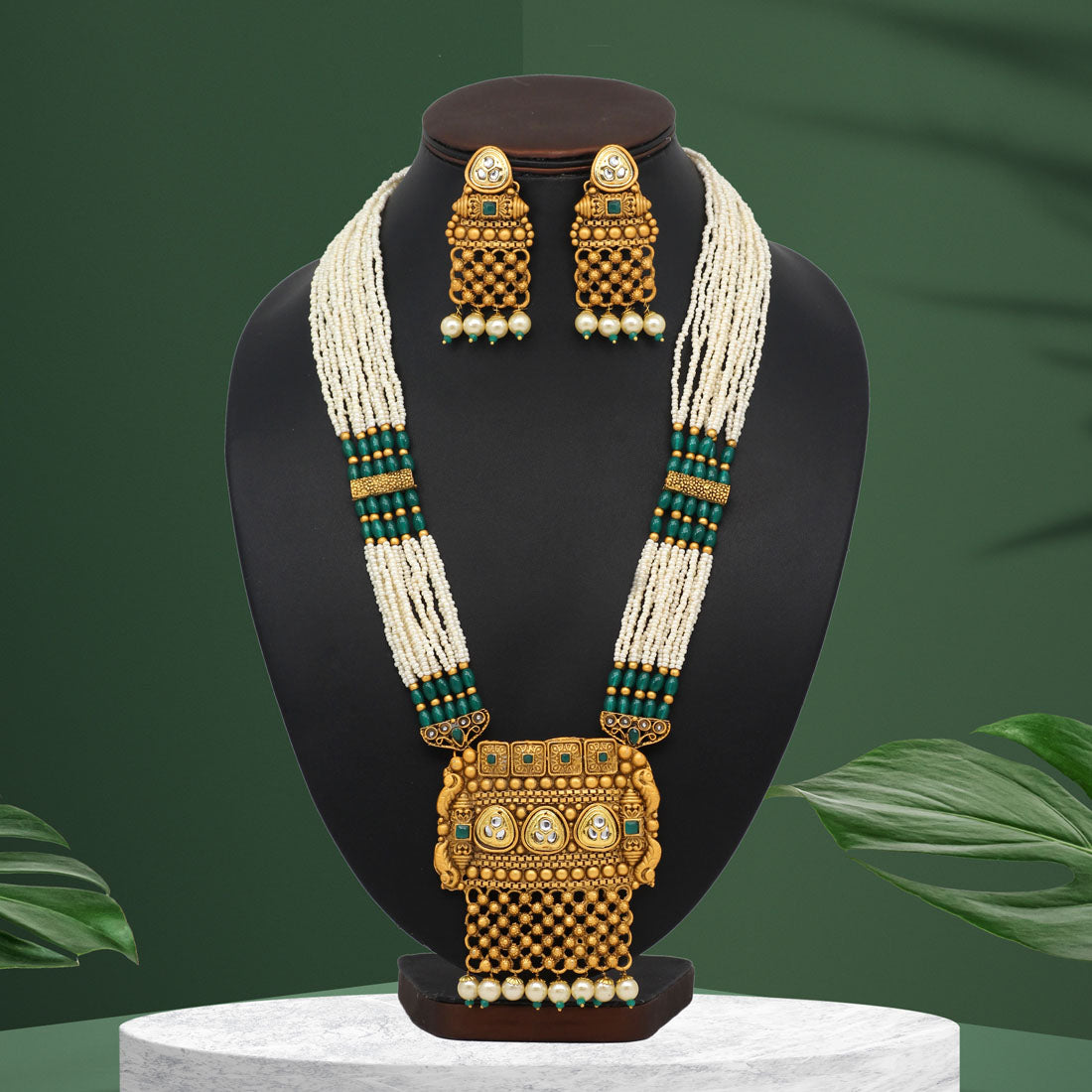 Green Color Vilandi Kundan Long Matte Gold Temple Necklace Set (TPLN306GRN)