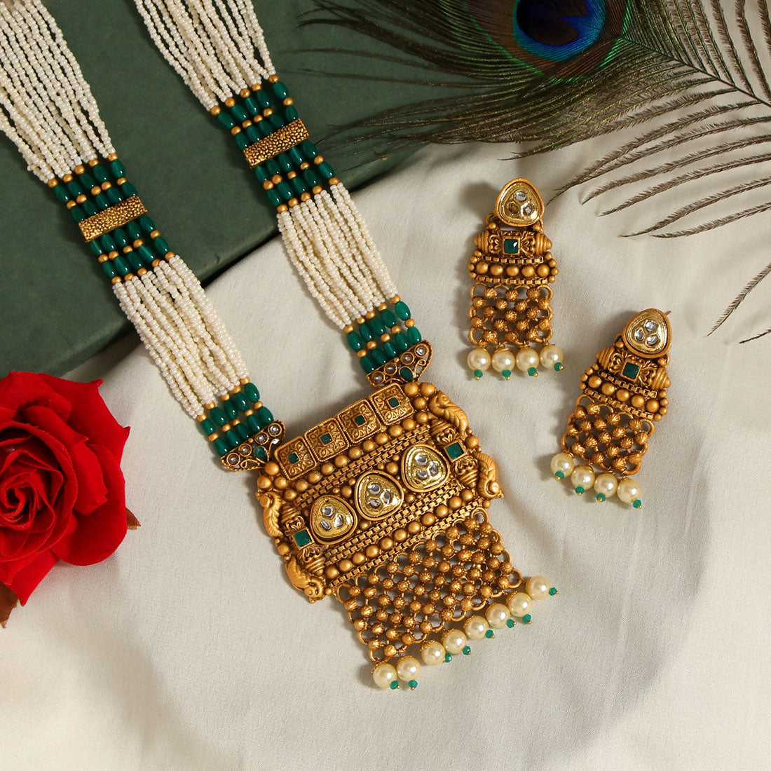 Green Color Vilandi Kundan Long Matte Gold Temple Necklace Set (TPLN306GRN)