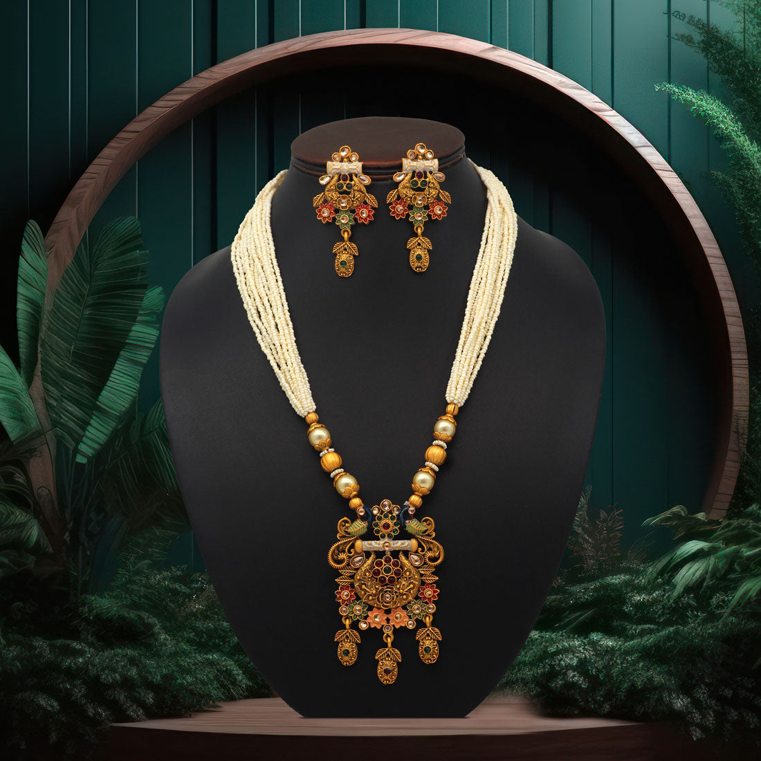 Multi Color Mint Meena Matte Gold Temple Necklace Set (TPLN410MLT)