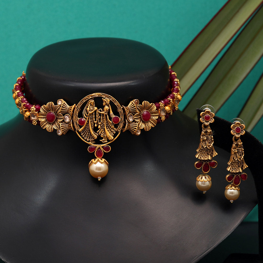 Rani Color Choker Matte Gold Temple Necklace Set (TPLN428RNI)