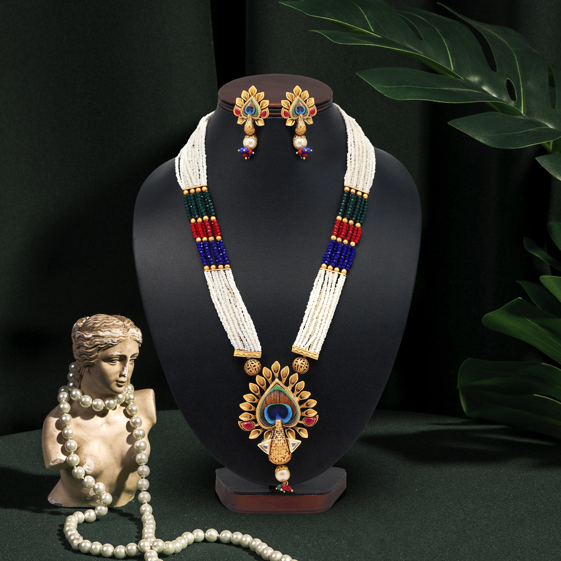 Multi Color Peacock Inspired Matte Gold Temple Necklace Set (TPLN516MLT)