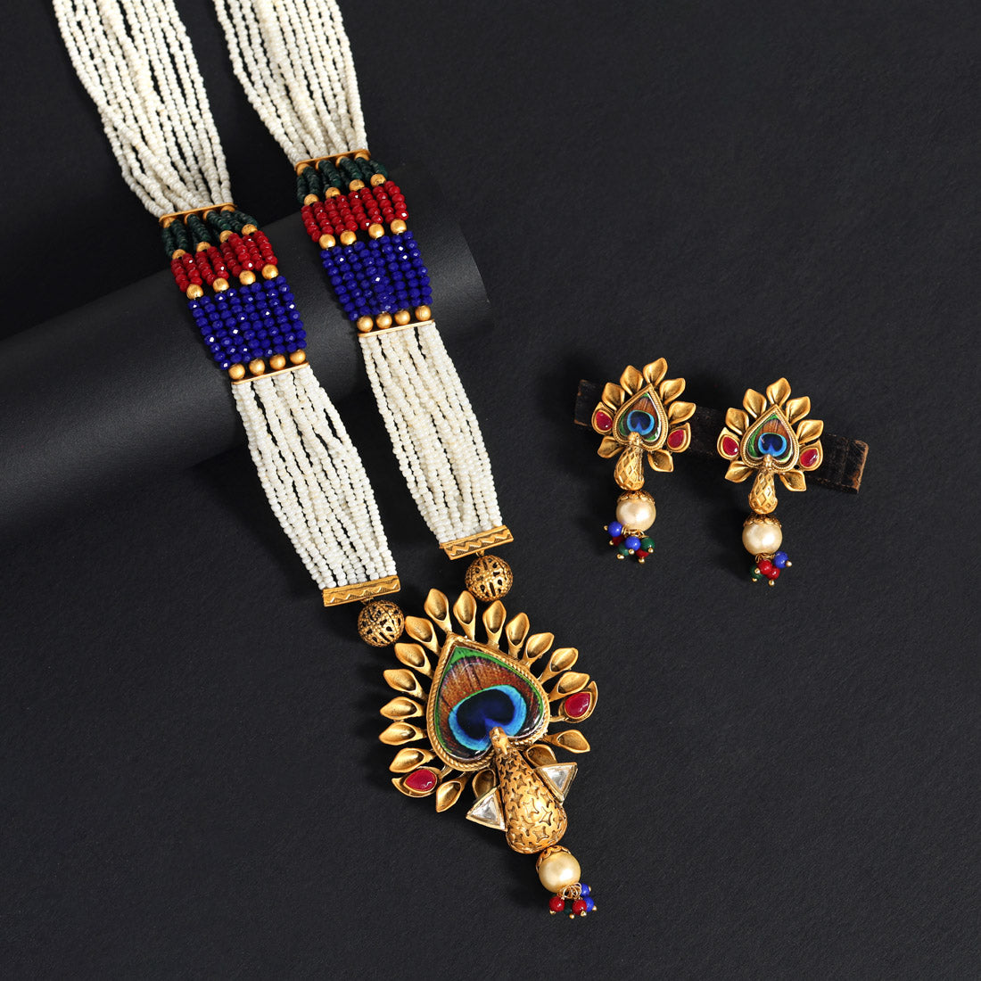 Multi Color Peacock Inspired Matte Gold Temple Necklace Set (TPLN516MLT)