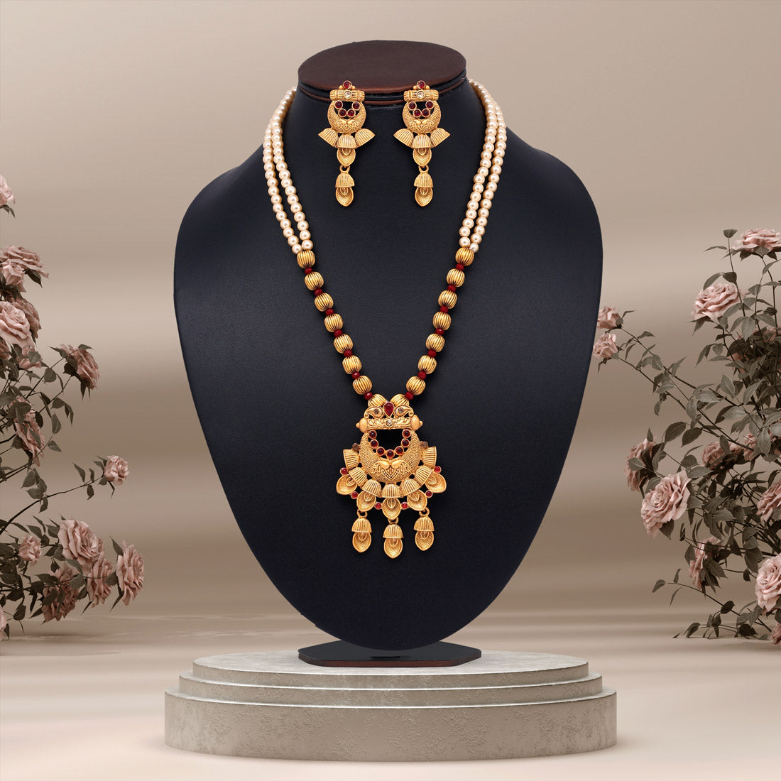 Maroon Color Long Matte Gold Temple Necklace Set (TPLN550MRN)