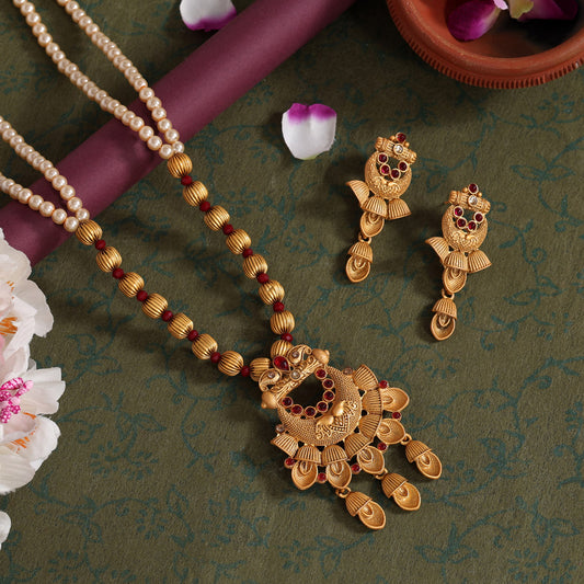 Maroon Color Long Matte Gold Temple Necklace Set (TPLN550MRN)