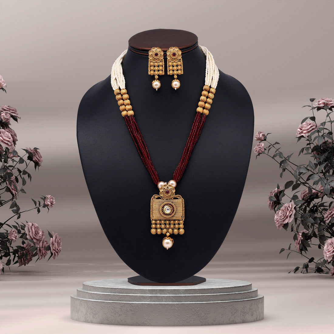 Maroon Color Long Matte Gold Temple Necklace Set (TPLN551MRN)