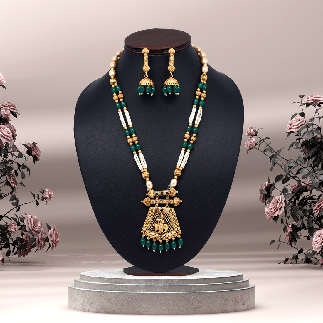 Green Color Long Matte Gold Temple Necklace Set (TPLN554GRN)