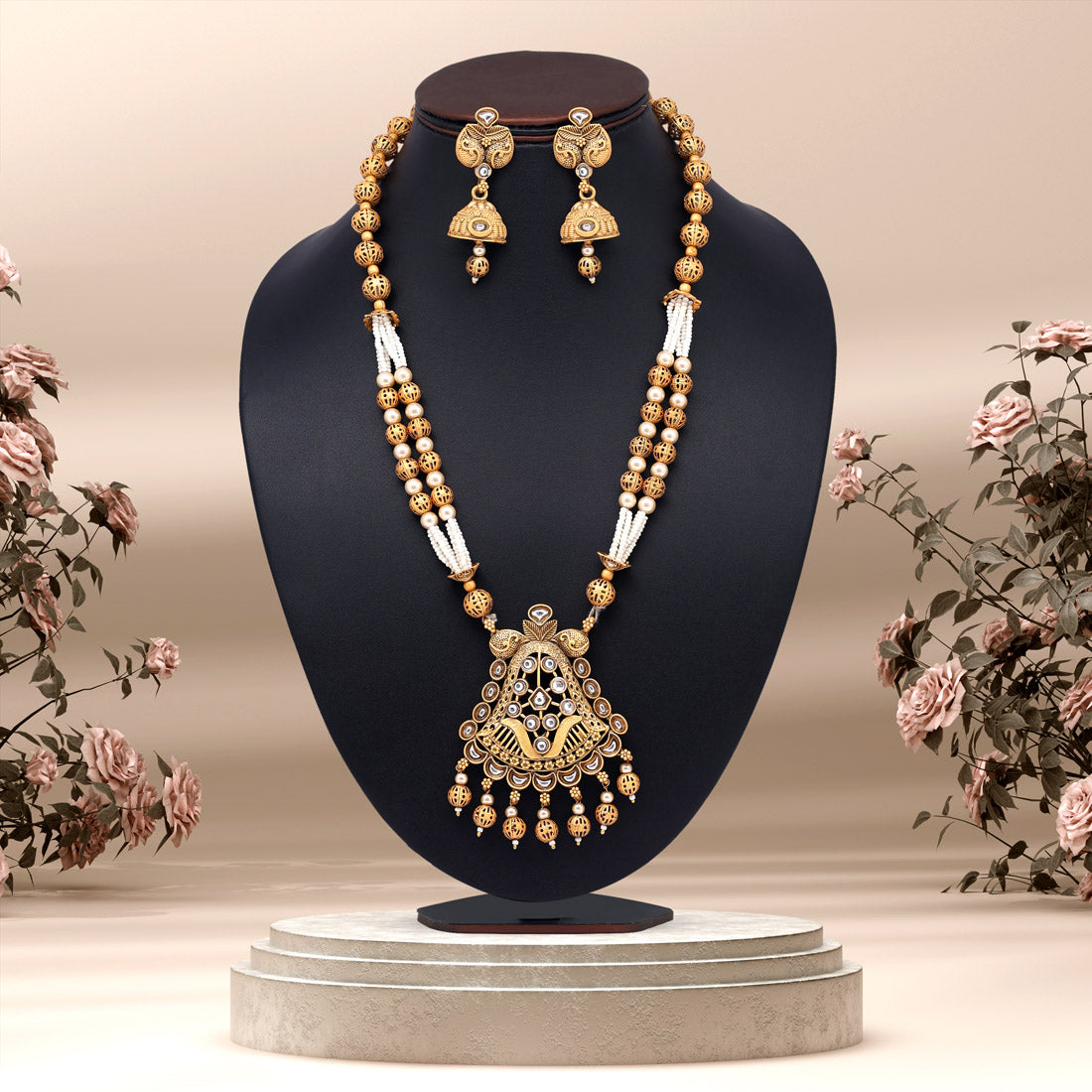 Gold Color Long Matte Gold Temple Necklace Set (TPLN555GLD)