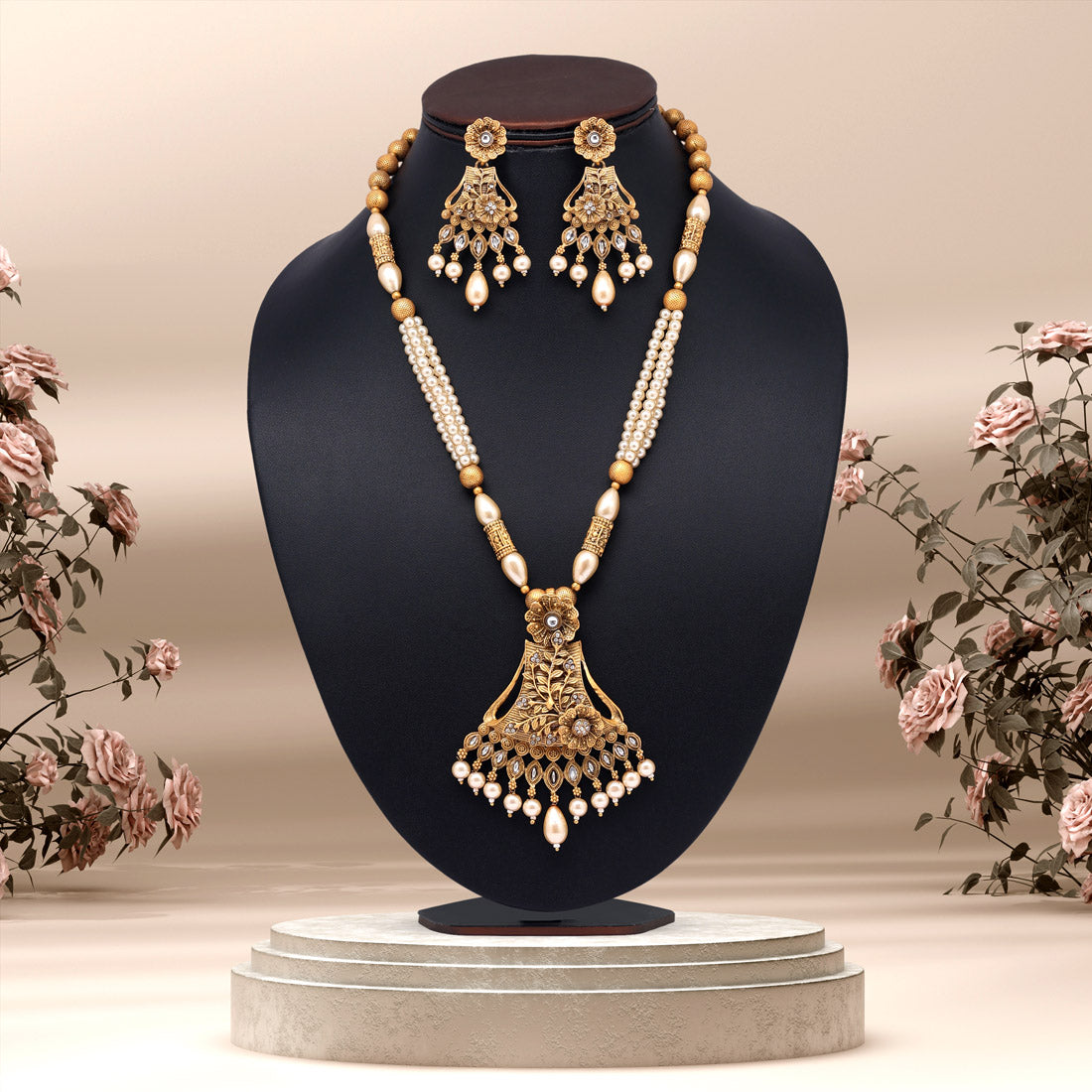 Gold Color Long Matte Gold Temple Necklace Set (TPLN556GLD)