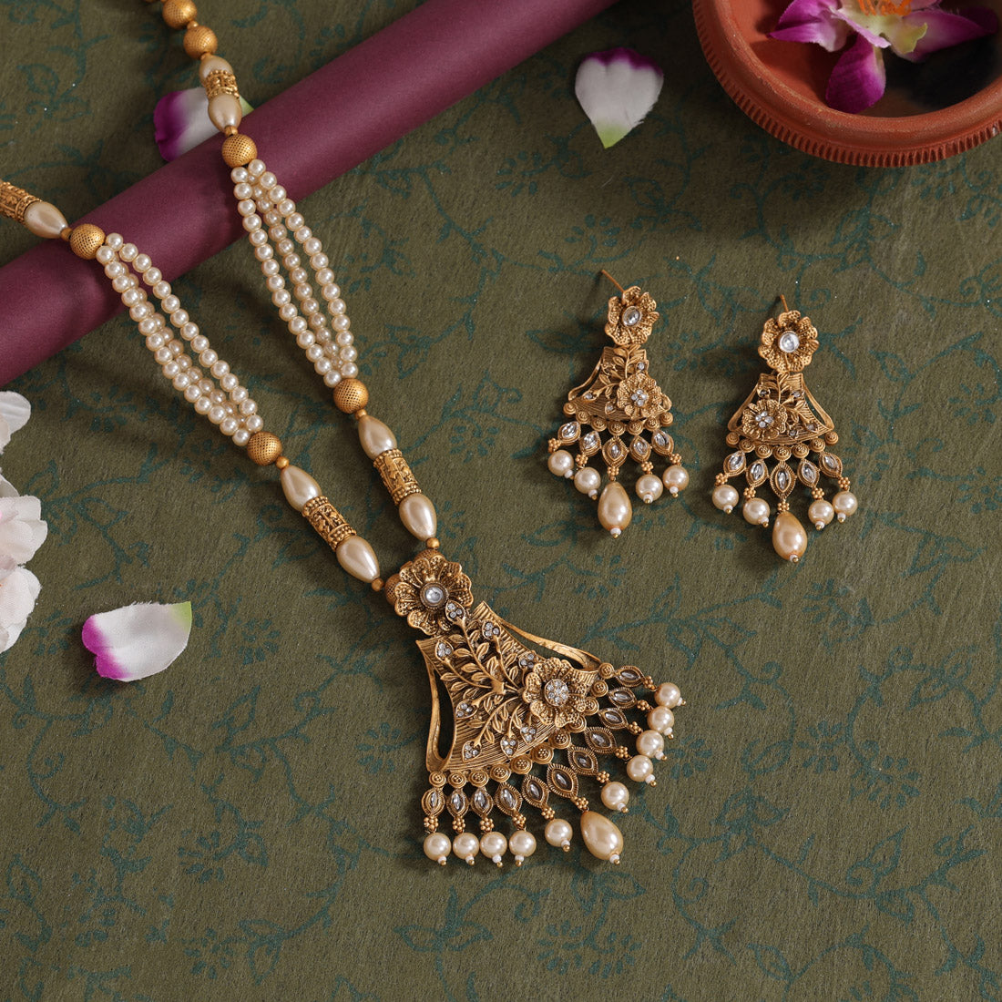 Gold Color Long Matte Gold Temple Necklace Set (TPLN556GLD)