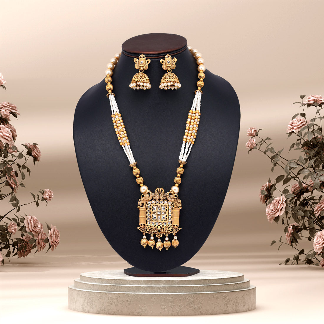 Gold Color Long Matte Gold Temple Necklace Set (TPLN559GLD)