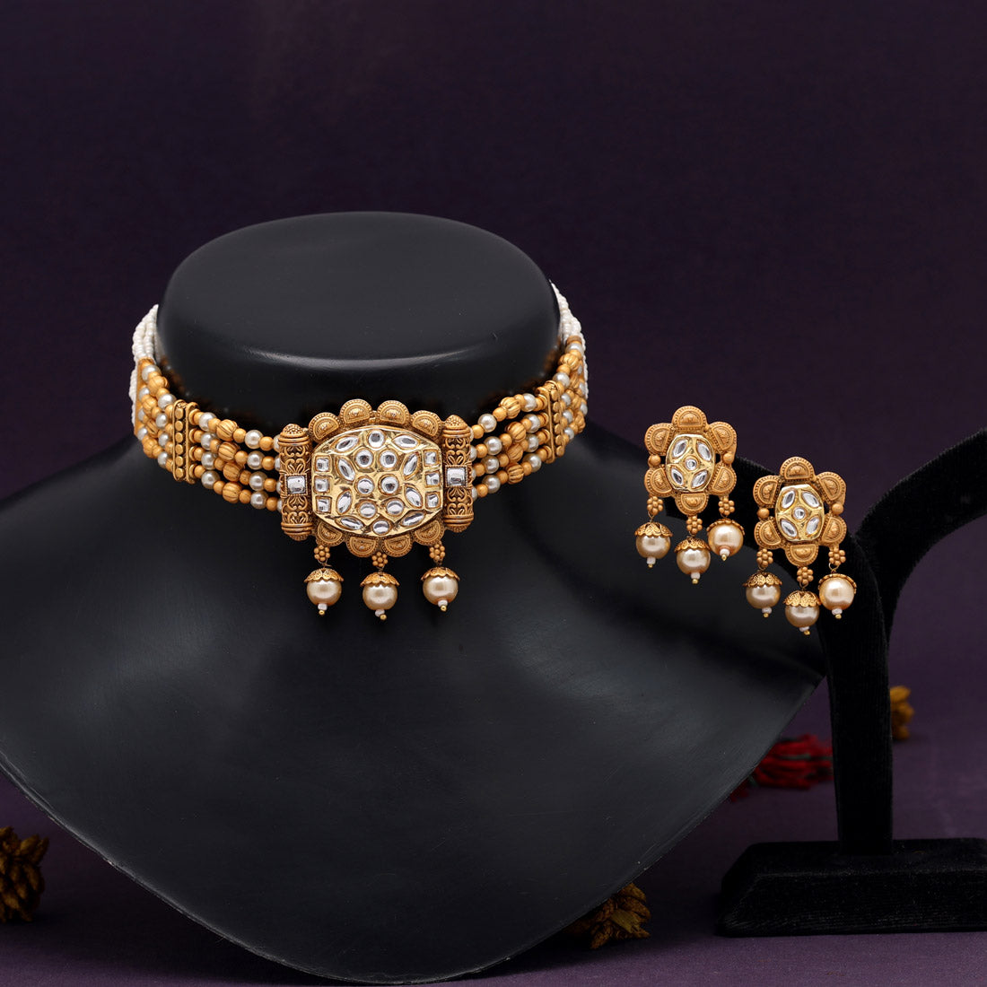 Gold Color Choker Matte Gold Temple Necklace Set (TPLN569GLD)