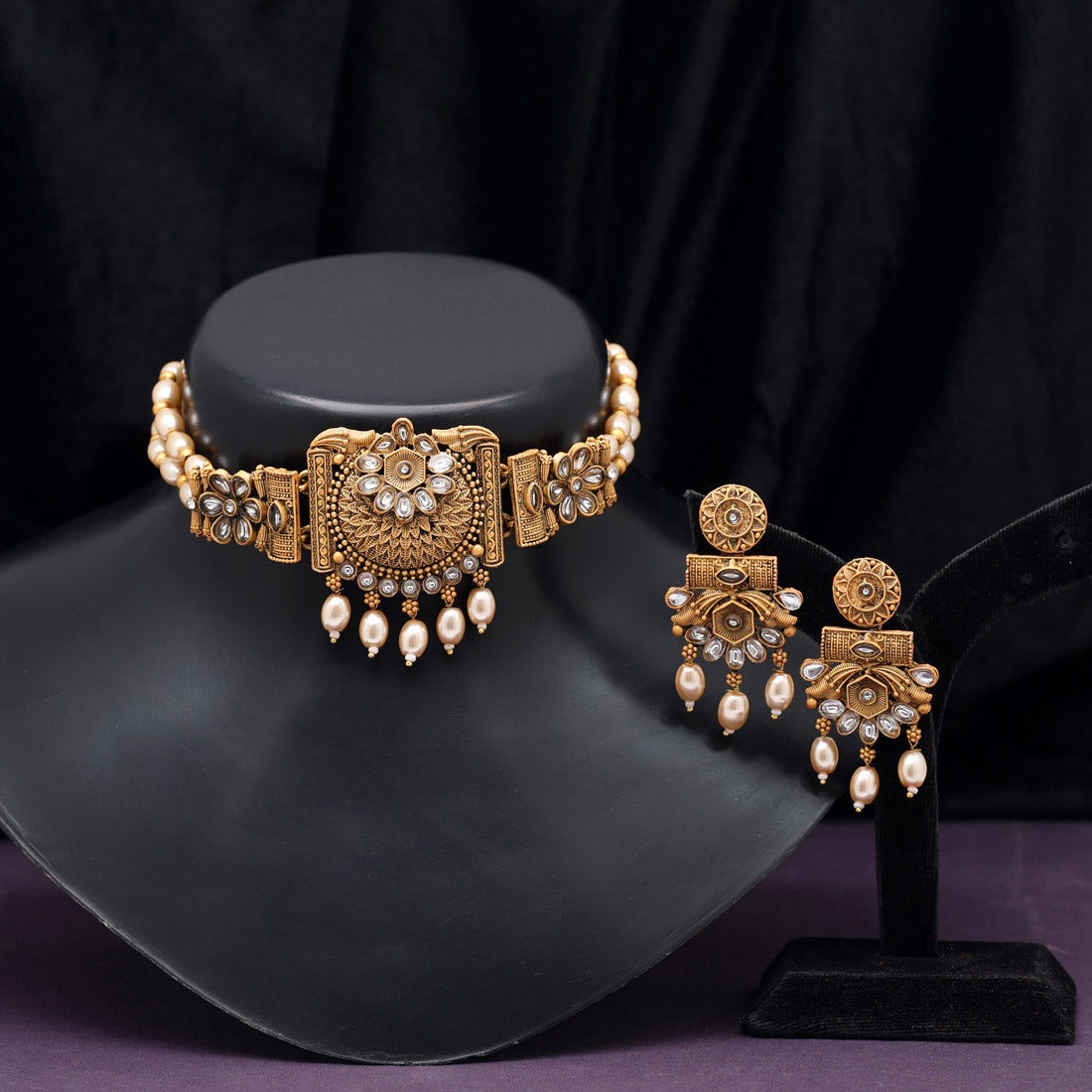 Gold Color Choker Matte Gold Temple Necklace Set (TPLN575GLD)