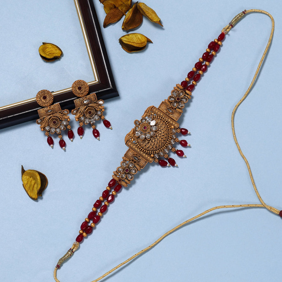 Maroon Color Choker Matte Gold Rajwadi Temple Necklace Set (TPLN575MRN)