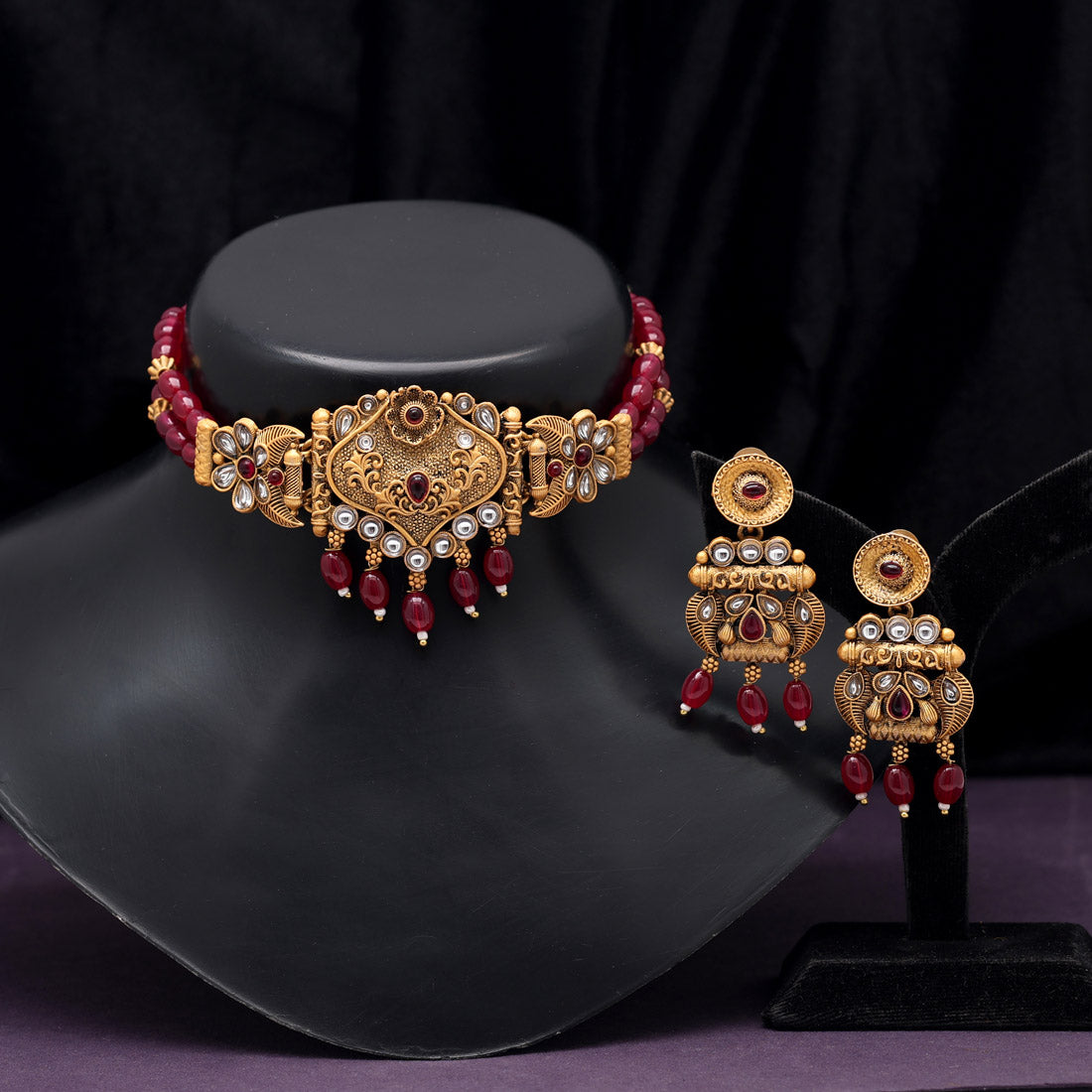 Rani Color Choker Matte Gold Temple Necklace Set (TPLN576RNI)