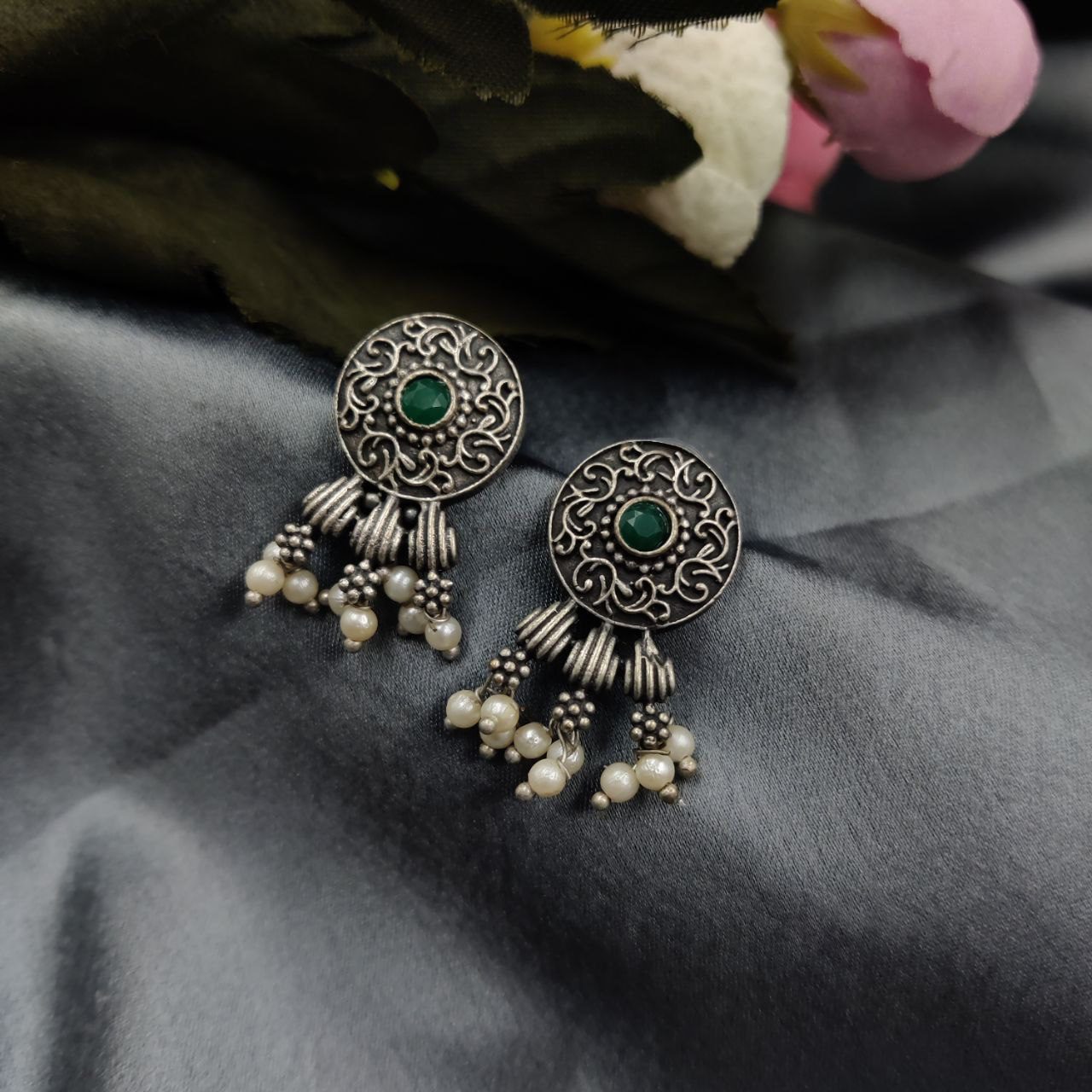 Oxidized Stud Earrings - Green