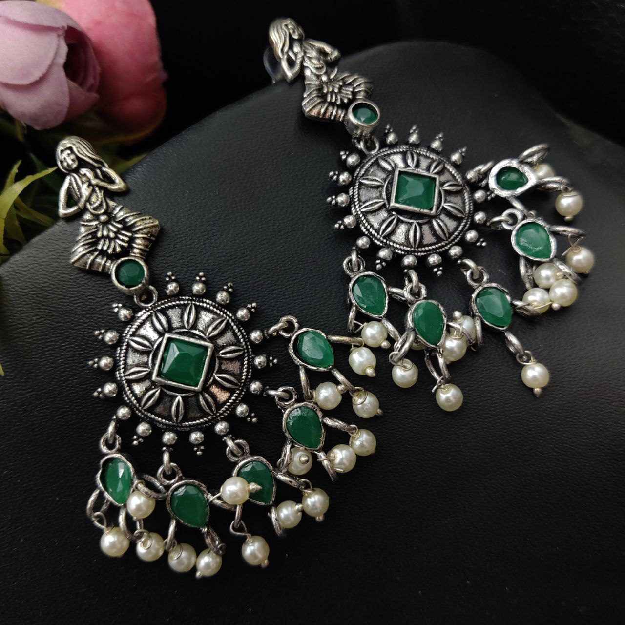 Oxidised Premium Designer Dangler Earrings Dancing Girl - Green