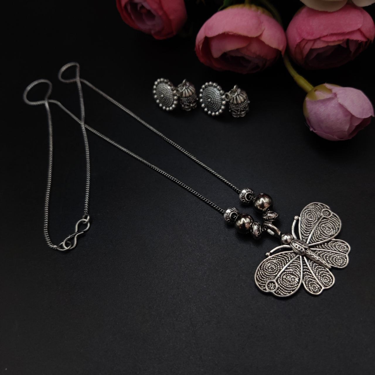 Oxidised Designer Butterfly Pendent Necklace Set (DNU1128B50765)